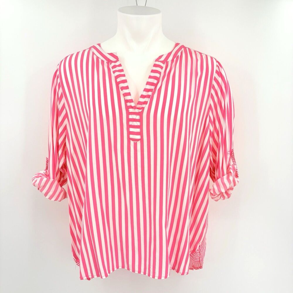 Jane Delancey Striped Tunic Top Blouse Womens Size 2X Lagenlook Lagom Roll Tab